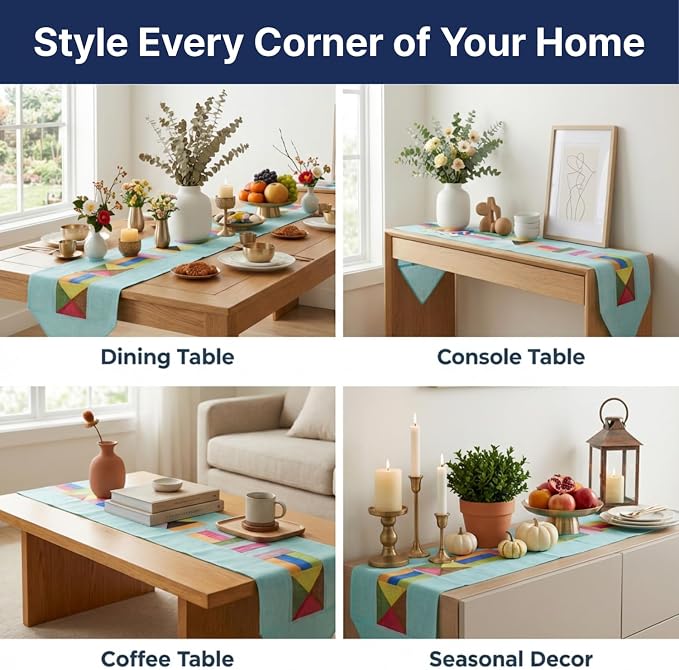 Korean Bojagi Table Runner Sky Blue Ramie Patchwork Dining Table Runner | Traditional Korean Patchwork Decor, Farmhouse Table Accent, Lightweight Ramie Fabric, Everyday Dining & Seasonal Display