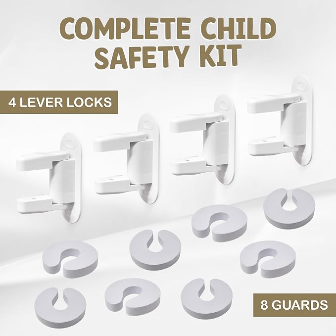 Door Lever Lock (4 Pack) Stop Toddler from Opening Doors - Easy to Open for Adults - Baby Child Toddlers Safety - No Tools Install - with 8 Bonus Pinch Guard
