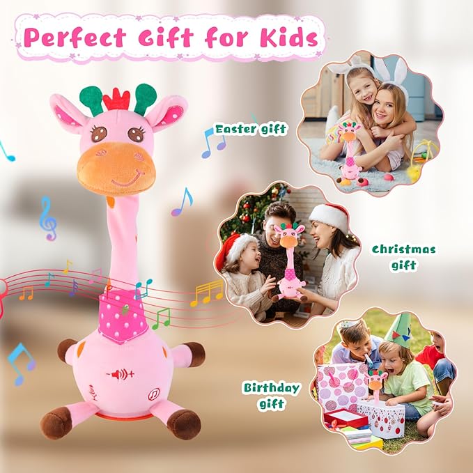 MIAODAM Dancing Giraffe Interactive Toy, Singing 10 Children's Song, Stuffed Baby Toy Repeats What You Say, Christmas Colorful Glowing Plush Interactive Toys for Toddler (Pink Giraffe)