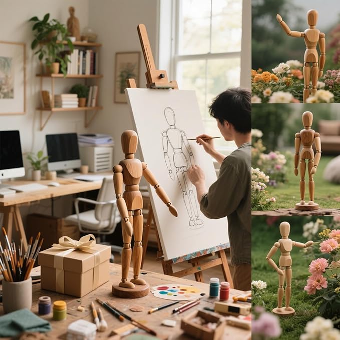 2-Pack 12" Art Drawing Hand Model,8" Artist Wooden Mannequin Figure Human People Dolls Manikin Supplies Stop Motion Figure Kit,Wooden Tools Posable Figure for Drawing,Painting,Sketching