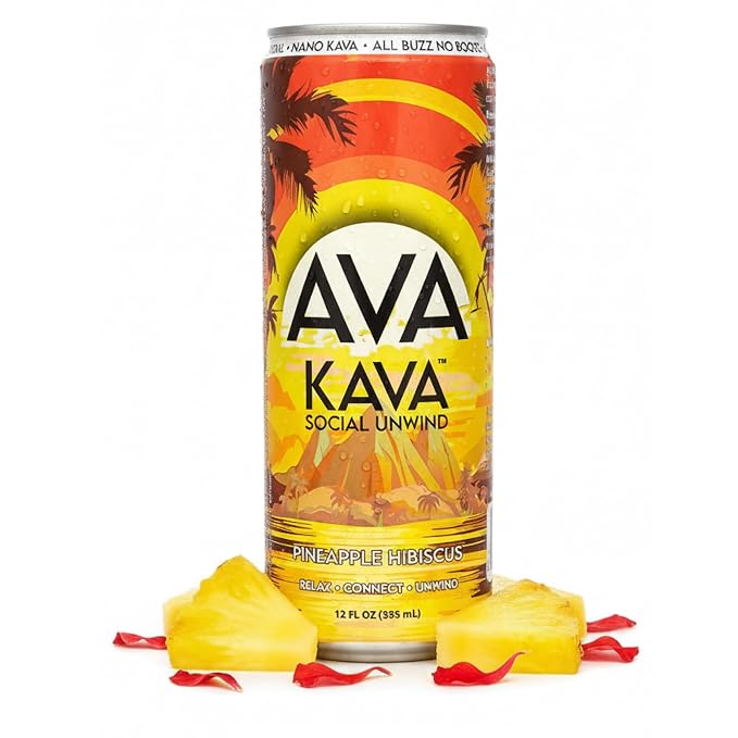 AVA Kava | Alcohol-Free Relaxation Drink | Pineapple Hibiscus | Fast Acting Nano Kava • Zero Sugar Alcohols • Vegan • Plant Based • No Preservatives • Natural Flavors • Non GMO • Gluten Free | 12oz Cans (6-Pack)