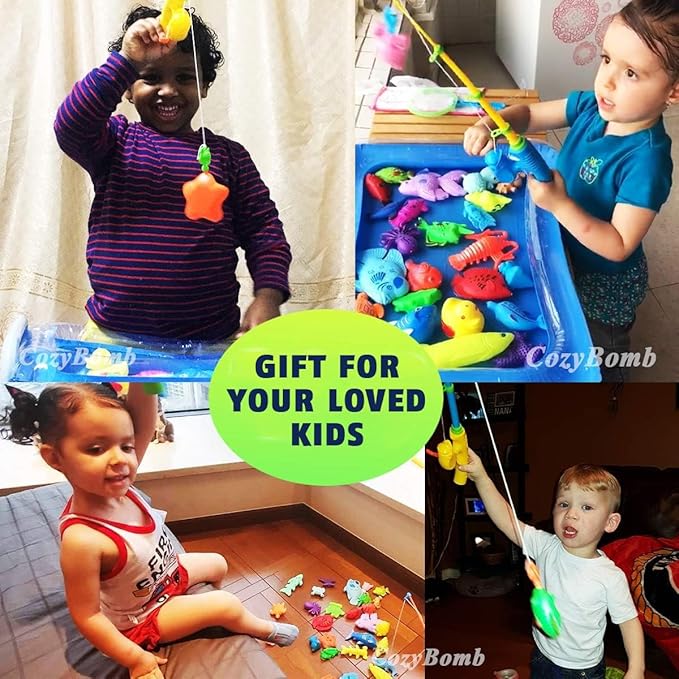 CozyBomBโข Magnetic Fishing Toys Game Set for Kids | Water Table Bathtub Kiddie Pool Party & Pole Rod Net, Plastic Floating Fish Toddler Color Ocean Sea Animals Birthday Age 3 4 5 6 Year