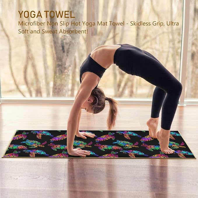 Colorful Sea Turtles Yoga Mat Towel Non Slip Soft Sweat Absorbent Hot Yoga Mat Towel for Hot Yoga, Pilates and Workout-73 x 27 Inch