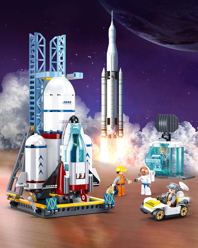 City Space Launch Center Building Set, Rocket Launchpad Building Kit with 4 Astronaut Minifigures for STEM Role-Play, Gift Toys for Boys 6-12, Compatible with Lego Space, 424 PCS