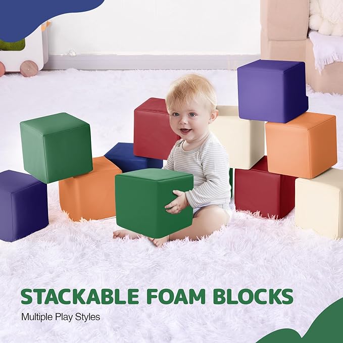 Foam Building Blocks for Kids: 12-Pieces PU Leather Colorful Foam Blocks - Building Toys for Toddler - Giant Stacking Blocks Toys - Soft Indoor Playset for Birthday Gift Preschool Learning (Classic)