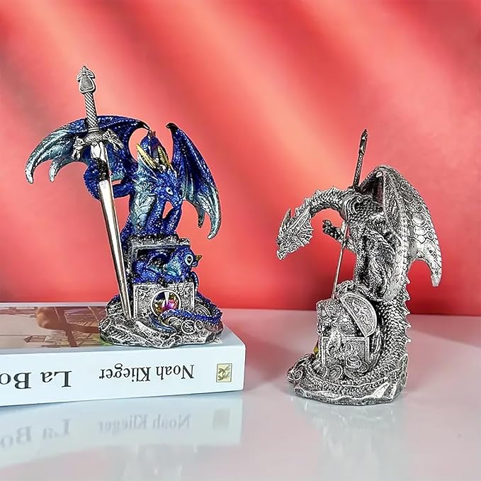 Dragon Statue Holding Silver Draconian Sword Letter Opener Figurine Dragon Sculpture Medieval Fantasy Home Office Decor 7.68 Inches (Blue)