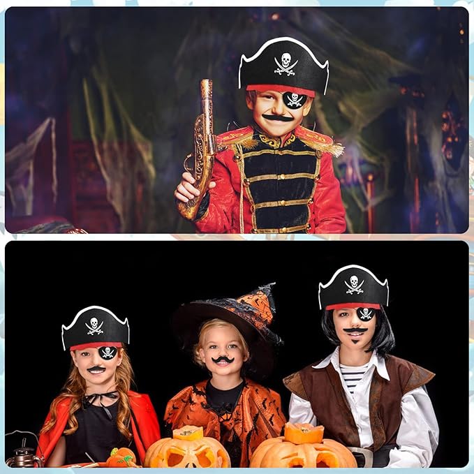 Halatool 36 Set Pirate Accessories Bulk for Kids, Include 36 Felt Pirates Hats with 36 Eye Patches and 36 Mustaches, Pirate Costume Accessories for Halloween, Masquerade, Cosplay, Party Favors Decor