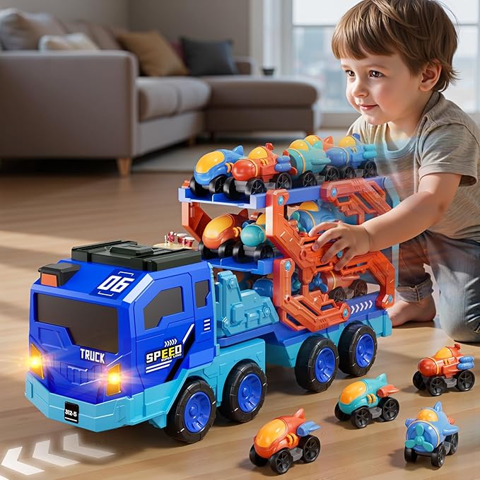 Toddler Car Truck Toys for Kids Boys Ages 3-5, 10-in-1 Foldable Carrier Space Truck Toys with Lights & Sounds and 9 Race Cars, Birthday Gift for 3 4 5 6 7 8 Years Old Boys Girls