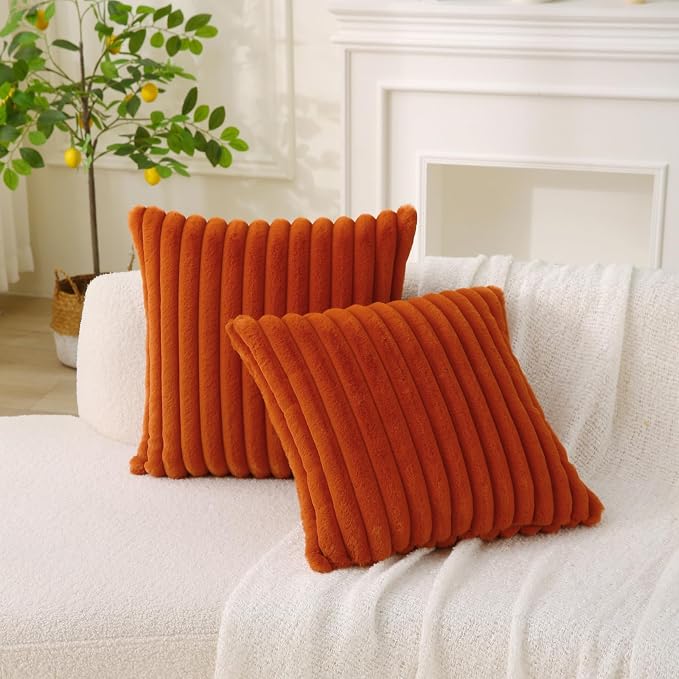 Decorative Throw Pillow with Inserts, Set of 2 Soft Faux Fur Throw Pillows, Square Boho Striped Pillow for Couch, Bed, Sofa Decor (Brownish-Orange, 18" x 18"(Pack of 2))