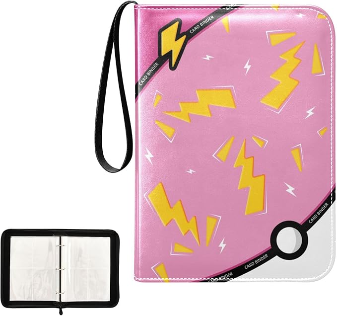 Pink Lightning Card Binder, 4 Pocket Trading Card Holder with 50 Removable Sleeves, Zipper Card Binder Fits 400 Cards, Collection Card Storage Case Album Book Gifts