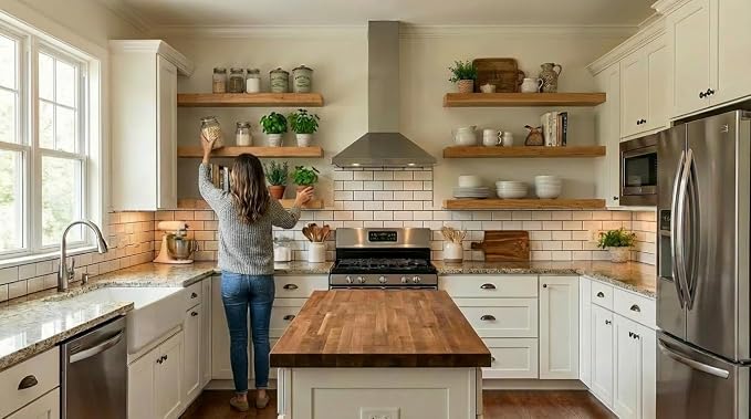 ROGMARS 36 Inches Long Walnut Floating Shelves | Rustic Solid Wood Farmhouse Wall Shelves with Invisible Brackets for Bathroom, Living Room, Bedroom, Kitchen Set of 5