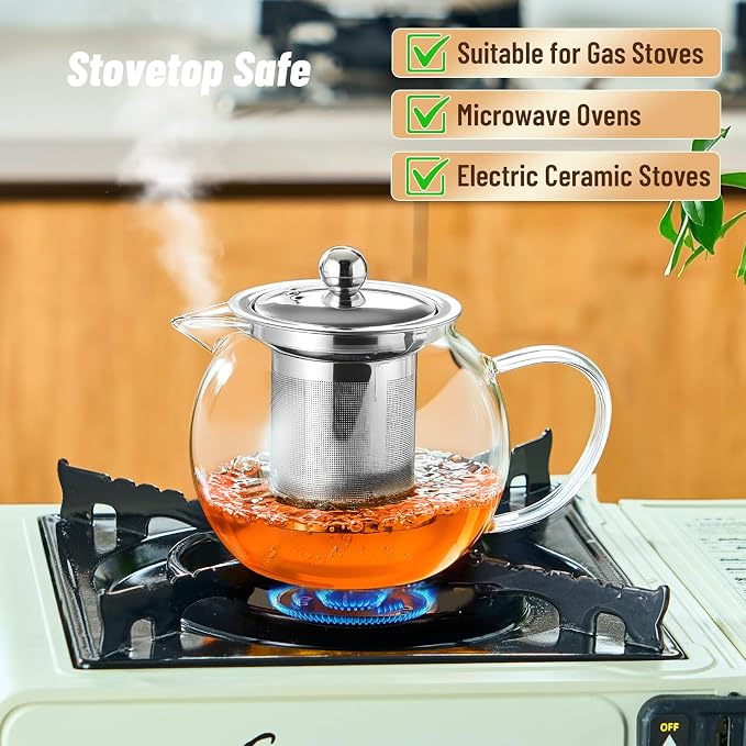Baalaka Glass Teapot Stovetop 22 OZ/650ml, Tea pot with Removable 18/8 Stainless Steel Infuser, Borosilicate Clear Tea Kettle, Teapot Blooming and Loose Leaf Tea Maker Tea Brewer for Camping, Travel