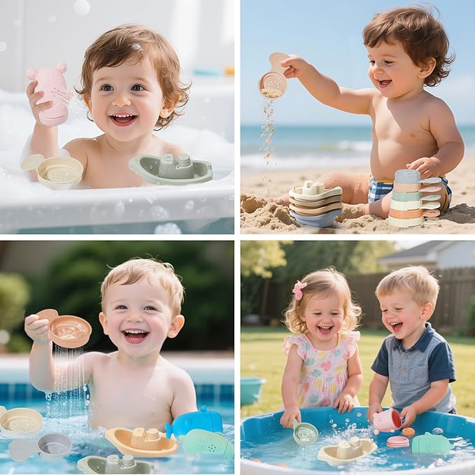 Baby Bath Toys for Kids Ages 1-3, 15 PCS Mold Free Bath Toys for Toddlers 2-4 Bathtub Water Table Pool Toys, Silicone Bath Toy and Bath Boats Spoons, Baby Shower & Birthday Gifts for Babies & Toddlers