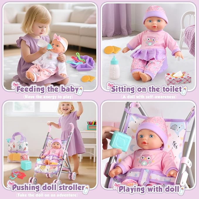 Baby Doll with Stroller Set for Realistic Pretend Play for 3 4 5 6 7 Year Old Toddler Girls Gifts. Baby Stroller Toys includes 12.5-inch Baby Dolls, 2 sets Doll clothes and 17 PCS Doll Accessories