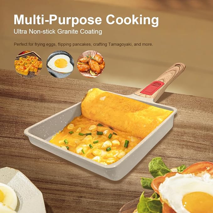 AIKENBBKK Tamagoyaki Pan, Japanese Omelette Pan Nonstick, Japanese Egg Pan, Square Egg Pan, Induction-Ready, Detachable Handle, with Silicone Spatula, PFAS & PFOA-Free, Oven Safe, White, 7.5” x 6.3”