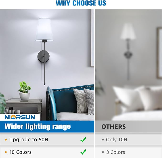 25.4 inch Battery Operated Wall Sconce Set of 2,Black Rechargeable Wall Lights with 10400mAh Dimmable Detachable Bulbs and Remote,9 Colors Wireless Sconces for Bedroom Living Room Hallway