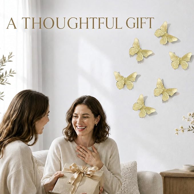 GUSFREUD 3D Butterfly Wall Decor Set – Resin Wall Decor for Living Room, Bedroom, Bathroom, Dining Room, Outdoor and Gallery Walls - Antique Gold - Set of 6