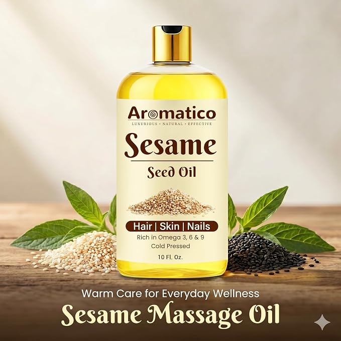 AROMATICO Sesame Oil for Massage - Ayurvedic Warm Massage Oil with Cold Pressed Sesame for Muscle Relaxation & Daily Abhyanga |10 Fl Oz