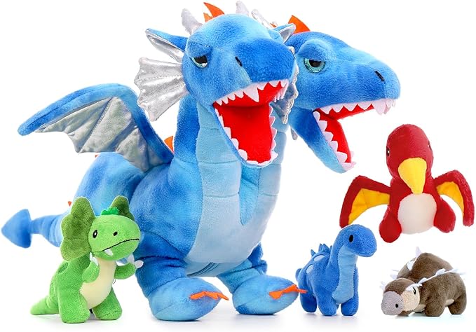 Tezituor Double Headed Dragon Stuffed Animals, 5 PCs Stuffed Dinosaur Plush Toys Set, Mommy Dragon with 4 Baby Dinosaurs Plushies Inside,Dino Gift for Girl Boy, 20 inch