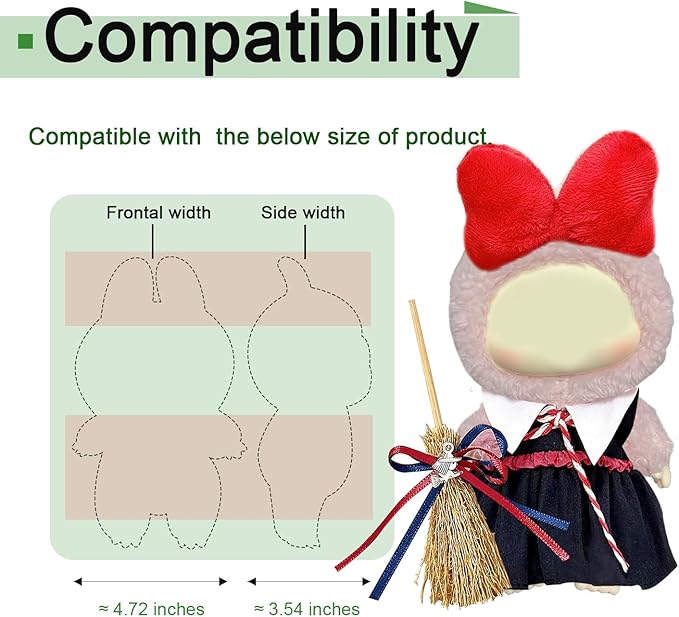 Witch Broom Set for Labubu, Halloween Witch Dress with Bow Hair Clip and Broomstick for Labubu Clothes, Cute Comic Style Costume