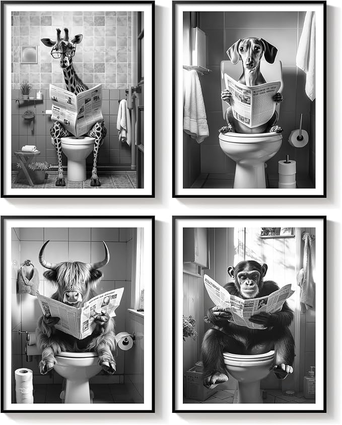 Framed Black and White Bathroom Wall Art Decor, 4 Piece Modern Animal Canvas Prints Painting Artwork, Dog Highland Cow Giraffe Sitting on Toilet Reading Newspaper Pictures for Toilet Restroom, 11x14