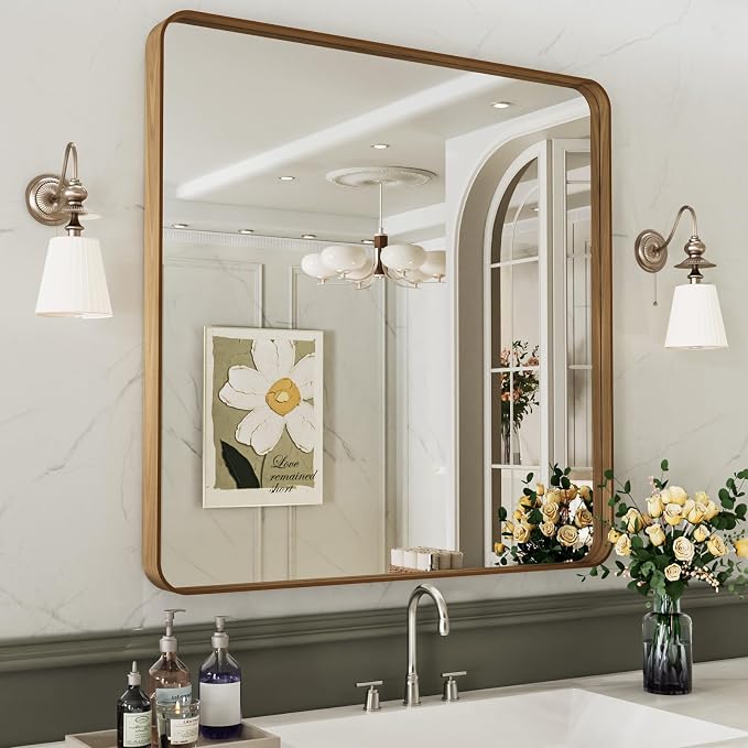 LOAAO 36X36 Inch Bathroom Mirror with Wood Grain Colored Metal Frame | Rounded Rectangle, Anti-Rust, Hangs Horizontally or Vertically, Tempered Glass