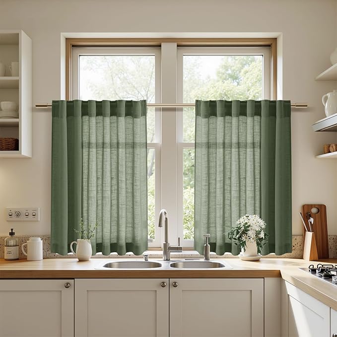Nanspring Linen Curtains 40 Inch Length 2 Panels for Kitchen Basement Olive Green Semi Sheer Curtains Back Tab and Rod Pocket Neutral Drapes for Small Window/Loft Room, 34 x 40 Inch