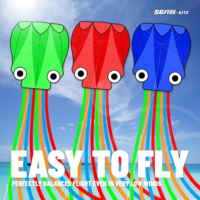 SGftre 3 Piece Set Octopus Kites for Kids and Adults,Easy to Fly for Outdoor Adults Children Line Kite for Kids Toy (Octopus red Blue Green 3-piece Set, 3)