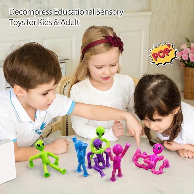 Pop Tubes Alien Fidget Toys for Kids, 4Pack Fidget Toys Telescopic Suction Cup Toy for Stress and Anxiety Relief, Stocking Stuffers Gift for Kids and Toddlers (4 Pack Alien)
