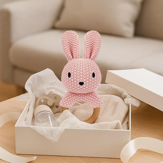 Baby Rattle Teether Bunny Pink Crochet Rabbit Toy for Baby Girl Handmade Knitted Easy Grip Wood Handle for Gum Relief Woodland Animal Plush Stuffed Easter Basket Shower Gift Newborn