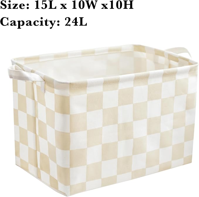 Ohocut Beige White Checkered Canvas Basket, Rectangular Organizing Decorative Storage Basket for Kids Dog Toy, Cute Aesthetic Race Cars Boy Room Decor for Home, Kitchen, Bedroom, Classroom, Shelves