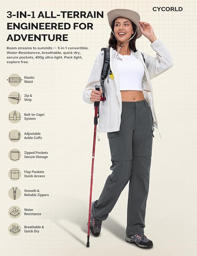 Cycorld Women's-Hiking-Pants-Convertible Quick-Dry-Stretch-Lightweight Zip-Off Outdoor Pants with 5 Deep Pockets