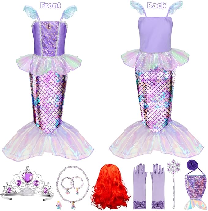 Meland Mermaid Dress - Little Mermaid Costume with Bag for Girls 3-10, Princess Dress Up for Birthday Gift, Halloween Costume