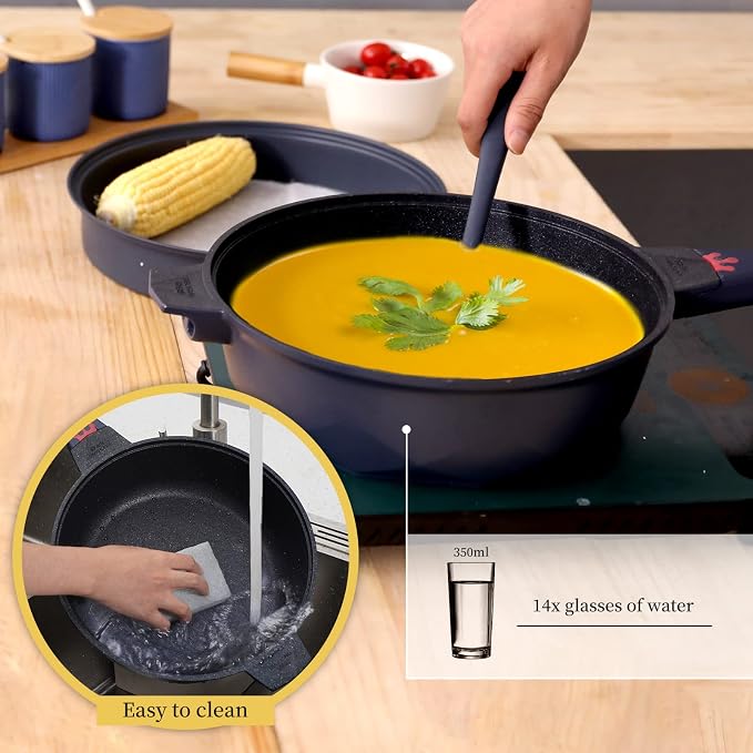 TIBORANG 11 Inch Nonstick Frying Pan with Lid,8-in-1 Multipurpose Cookware | 5 Qt Deep Sauté Pan Skillet with Steamer, PFOA-Free, Dishwasher & Oven Safe, Induction Compatible, Stay-Cool Handle, Navy