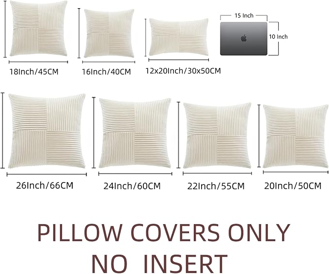Fancy Homi 2 Packs Cream Decorative Throw Pillow Covers 22x22 Inch for Living Room Couch Bed Sofa, Rustic Farmhouse Boho Home Decor, Soft Corss Corduroy Patchwork Accent Square Cushion Case 55x55 cm