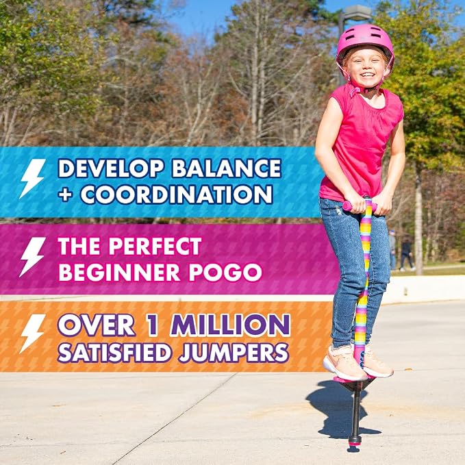 Flybar Jolt Pogo Stick for Kids, Perfect for Beginners w/ Foam-Covered Metal Frame, Handles & Padding, Non-Slip Foot Pads, Wide Tip, Outdoor Active Play Toy for Boys & Girls, Ages 6+, Rainbow
