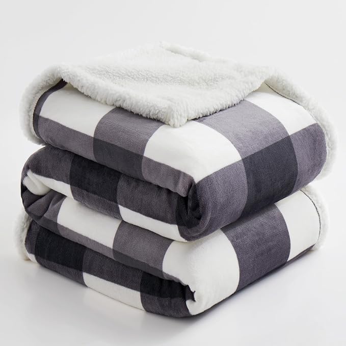 PU MEI Sherpa Blanket Fleece Throw Blanket Full Queen Plaid Thick Bed Blanket, Soft Warm Cozy Dark Grey Checkered Throw Blanket 80"*90"