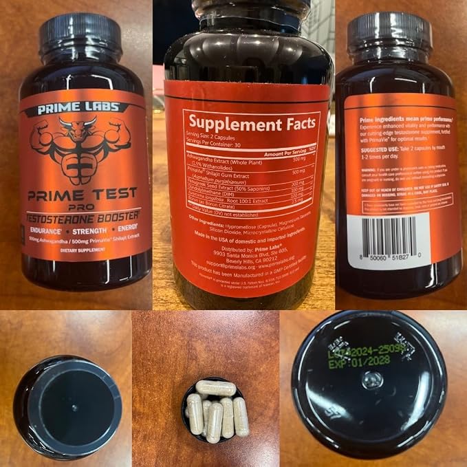 Prime Labs Prime Test Pro - Testosterone Supplement for Men - Test, Vitality, & Energy Booster - with Ashwagandha, PrimaVie Shilajit Extract, & DIM - 60 Capsules