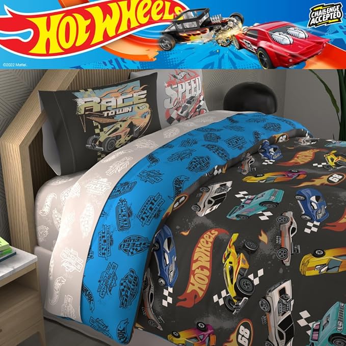 Hot Wheels Kids Bedding Super Soft Comforter and Sheet Set with Sham, 7 Piece Full Size, (Officially Licensed Product) by Franco