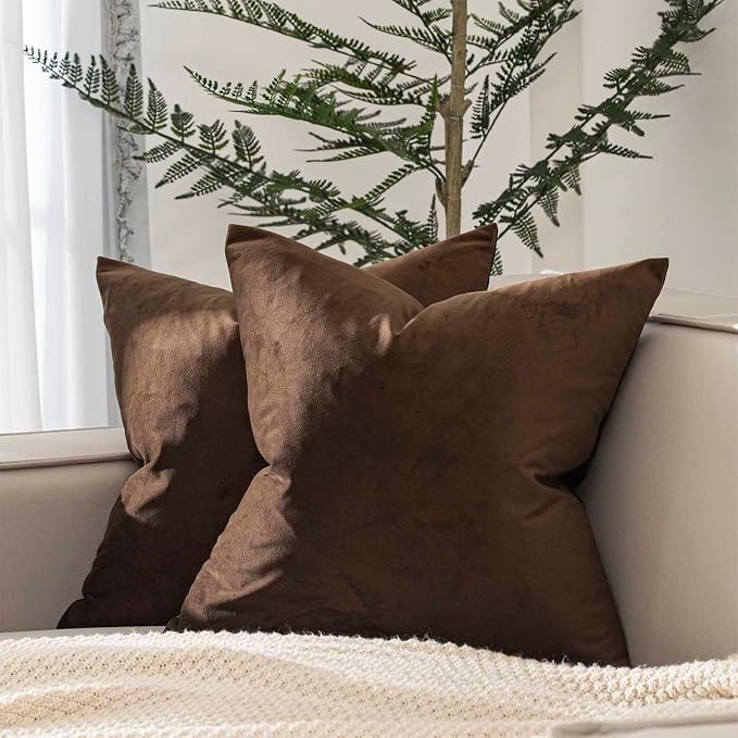 JUSPURBET 16x16 Decorative Velvet Throw Pillow Covers Cases Set of 2,Brown | Modern Soft Cushion Covers with Hidden Zipper for Couch Sofa Bed Living Room Bedroom Home Decor