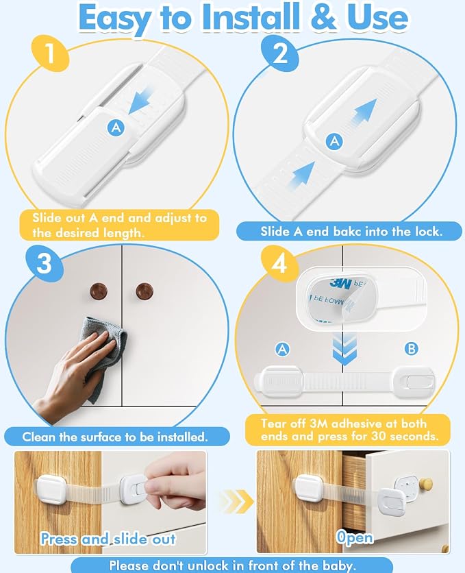 12 Pack Cabinet Locks Baby Proofing, Child Proof Cabinet Locks with 3M Adhesive - Easy Installation with Adjustable Straps, Multi-Purpose Child Safety Latches for Drawers Fridge Trash Cans Toilets