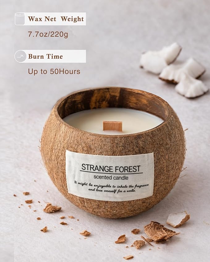 Enchanting Rose Coconut Shell Scented Candle for Home, Natural Soy Wax Wooden Wick Candle, Handmade Non Toxic Aromatherapy Candle Gifts for Women, 50 Hour Long Lasting Decorative Candles for Home