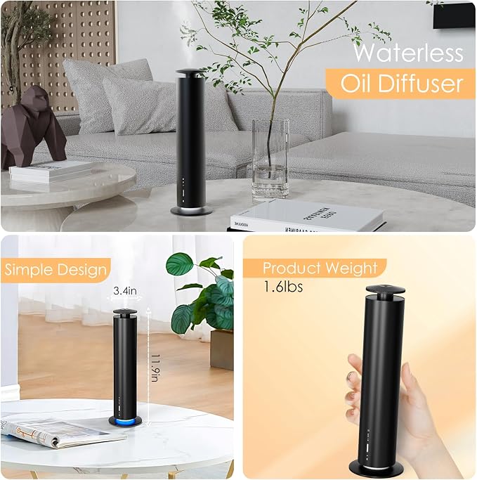Somniare Waterless Essential Oil Diffuser, 1500 Sq. Ft Coverage Quiet Scent Diffusers for Homes, Hotels, Spas, Adjustable Mist, Included 5 Scent Oils(3.3OZ), Safe for Kids&Pets, Black