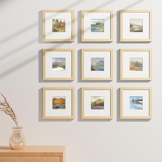 Vittanly 8x8 Picture Frames Set of 9 for Wall or Tabletop Display, OAK | Display Pictures 4x4 with Mat or 8x8 without Mat for Wall Mounting, Square Photo Frames for Home Decor, Engineered Wood