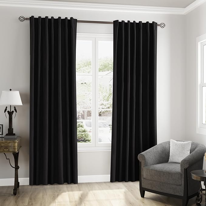 Guken Black 100% Blackout Linen Curtains 63 Inch Length 2 Panels Set for Living Room Bedroom Back Tab Thermal Insulated Black Out Drapes Room Darkening Farmhouse Window Curtains 52x63