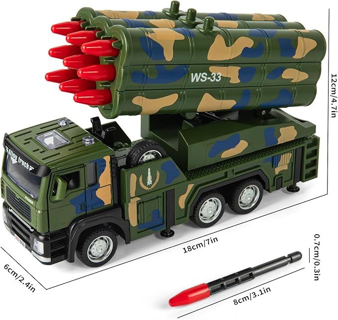 Army Truck Toy, Military Vehicle Toy with 9 Missile Launcher Alloy Cab, Die-cast Army Toy with Lights & Sounds, Birthday Party Gift for 3 4 5 6 Years Old Boys and Girls