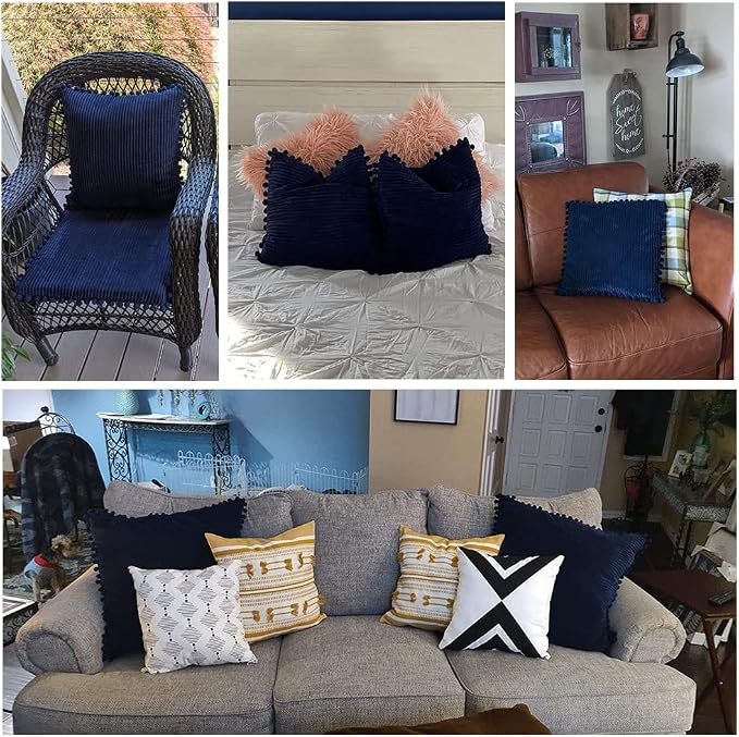 Fancy Homi Pack of 2 Euro Decorative Throw Pillow Covers 24x24 with Pom-poms, Soft Corduroy Solid Square Cushion Cases Set for Couch Sofa Bedroom Car Living Room (24x24 Inch/60x60 cm, Navy Blue)