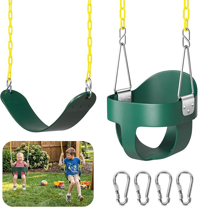 DECORLIFE Toddler Swing Set, High Back Full Bucket Swing with Heavy Duty Swing Seat Combo Pack, 330lb Capacity for Kids Adults, Plastic-Coated Chains and Quick-Snap Carabiners for Backyard, Playground