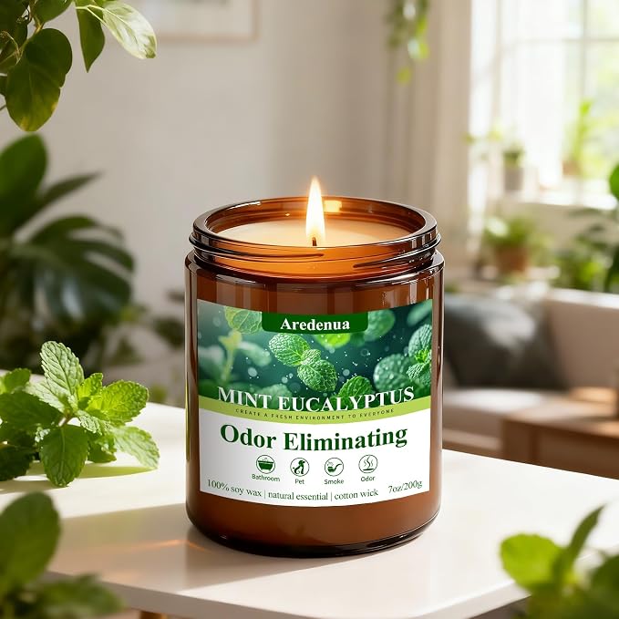 Mint Eucalyptus Odor Eliminating Candles | Eliminates 95% of Pet, Smoke, Food, and Other Smells Quickly โ 7 oz Soy Candle for Home Scented - Air Freshing Scented Candles Gifts for Women Men