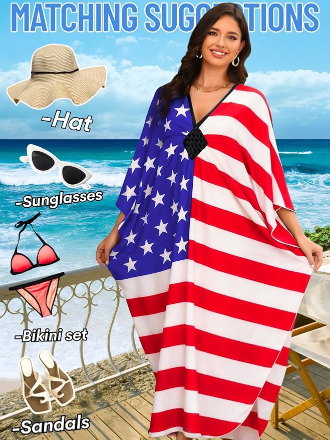 ChiaoLezhee Print Moo-Moos for Women, Kaftan Cover-Up Dresses, Sexy V-Neck High-Slit, Beach Pool-Party Coverups Muumuu Plus